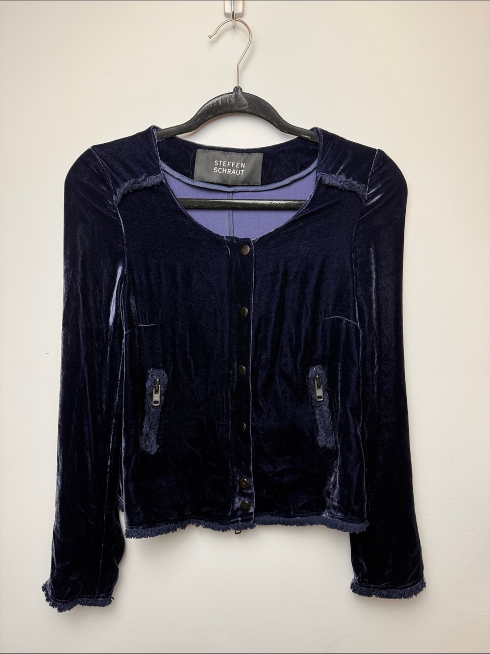 Steffen Schraut Silk Blend Velvet Jacket Navy Size 34